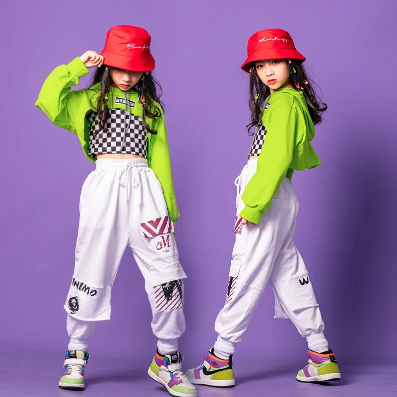 

2021 Children'S Day Hip Hop Dance Costumes Green Hoodie Tops Hiphop Pants Jazz Performance Costumes Sttreet Dance Wear 120-170