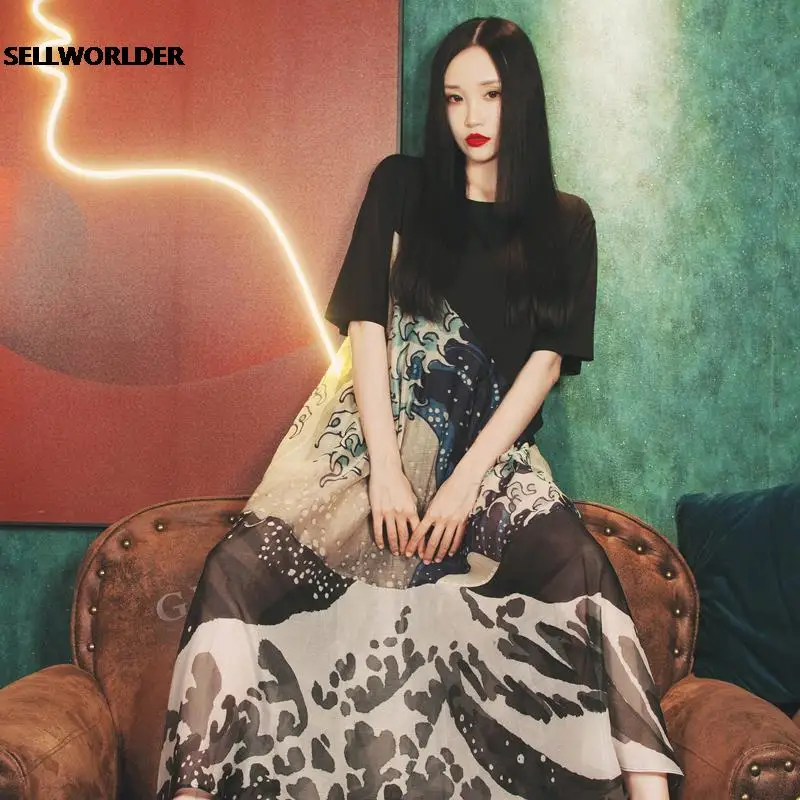 

Женское кимоно в японском стиле, хлопковое Свободное платье с волнистым принтом и круглым вырезом, 2021