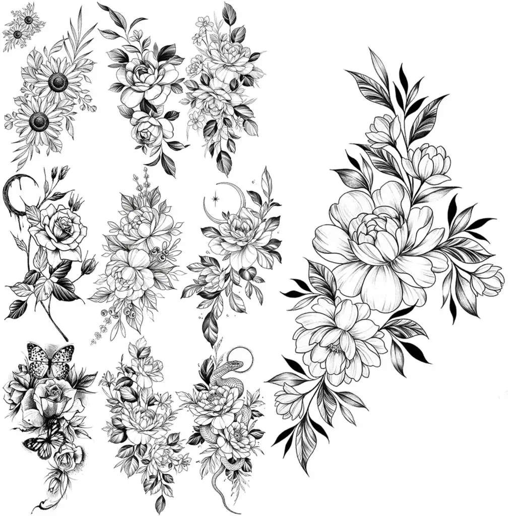

Pencil Sketch Dahlia Temporary Tattoos For Women Girls Realistic Daisy Flower Snake Fake Tattoo Sticker Arm Waist Tatoos