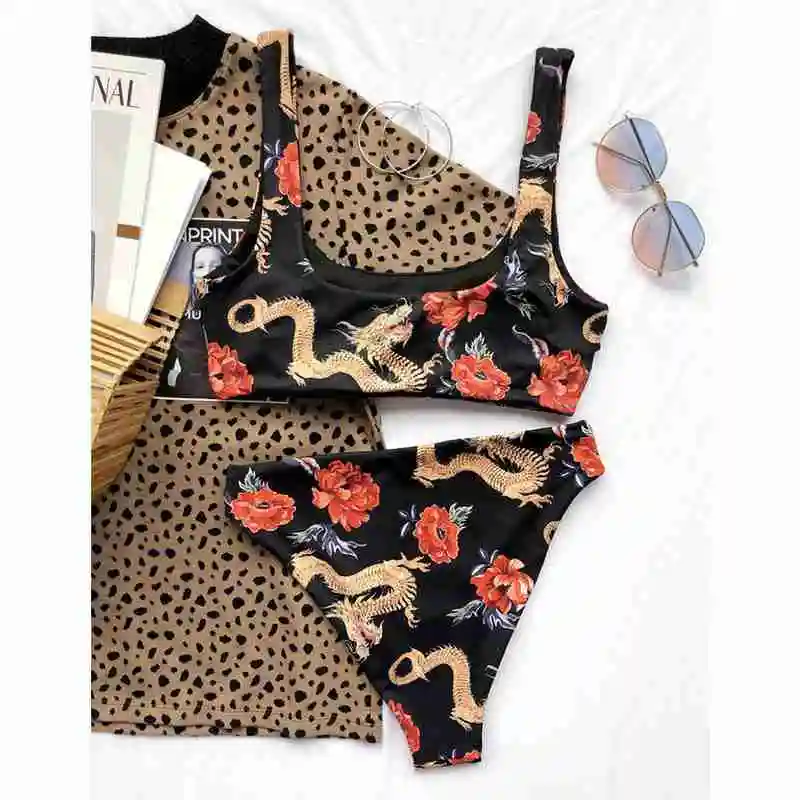 

Sexy Dragon Print Swimsuit High Waist Bikinis 2021 Woman Female Bandeau Swimwear Women Strapless Swim Suit Bathing Suit Bathers
