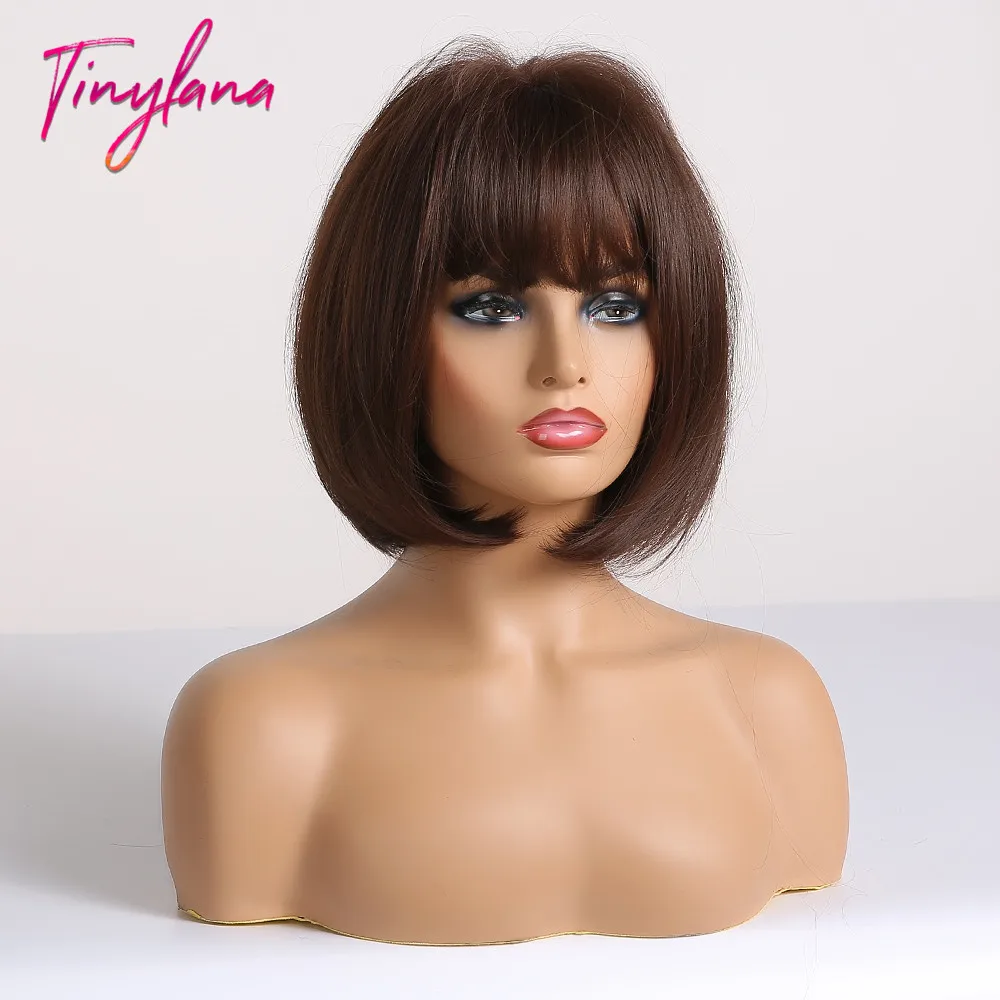 Крошечные прямые темно-коричневые синтетические парики Ланы с челкой для женщин