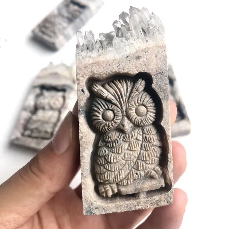 Природный камень кварца Минеральные Кристаллы кластер Резные Сова исцеления