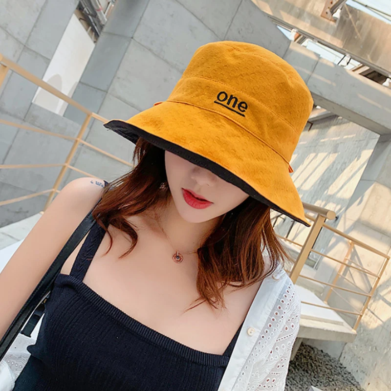 

Letter One Sun Hat Summer Women Double-sided Foldable Cotton Linen Sun Beach Hats Big Wide Brim Sunscreen Female Bucket hat