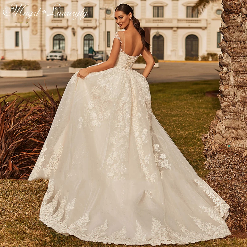 

Luxury Wedding Dresses O Neck Sleeveless Lace Applique Sweetheart Prom Gowns Sexy Backless Court Train vestido de noiva