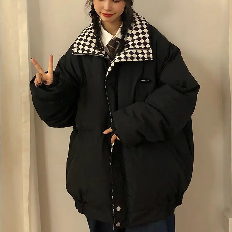 Loose Plus Velvet Thick Thick Warm Checkerboard Cotton Coat for Autumn and Winter New Retro Hong Kong Style Coat Bread Coat