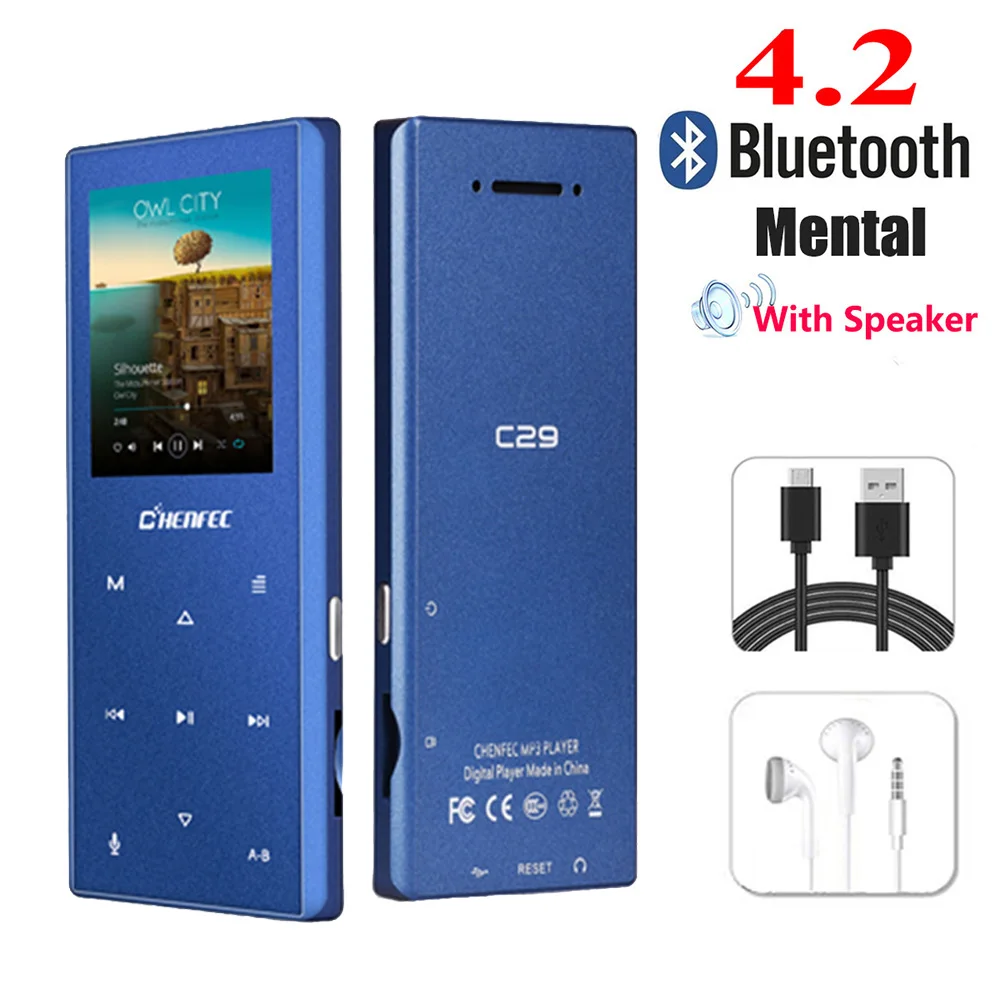 C29-Blue mp3-плеер с шагомером, Bluetooth 4,2, встроенный динамик, металлический плейер с fm-радио, поддержка SD карты до 128 ГБ - Цвет: C29-Blue