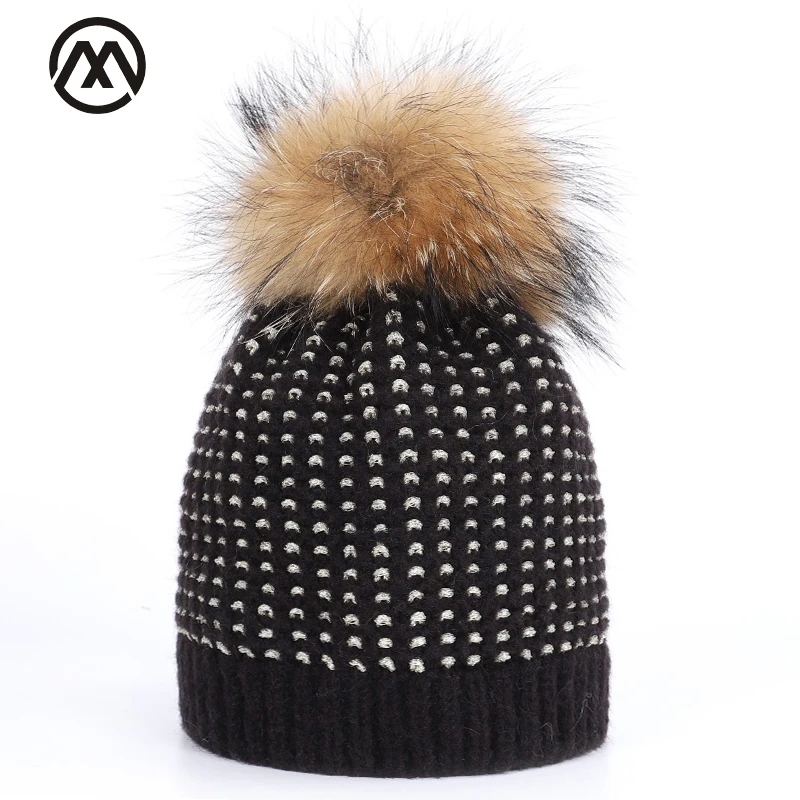 2019 модная женская вязаная шапка с помпоном из натурального меха осенне зимняя