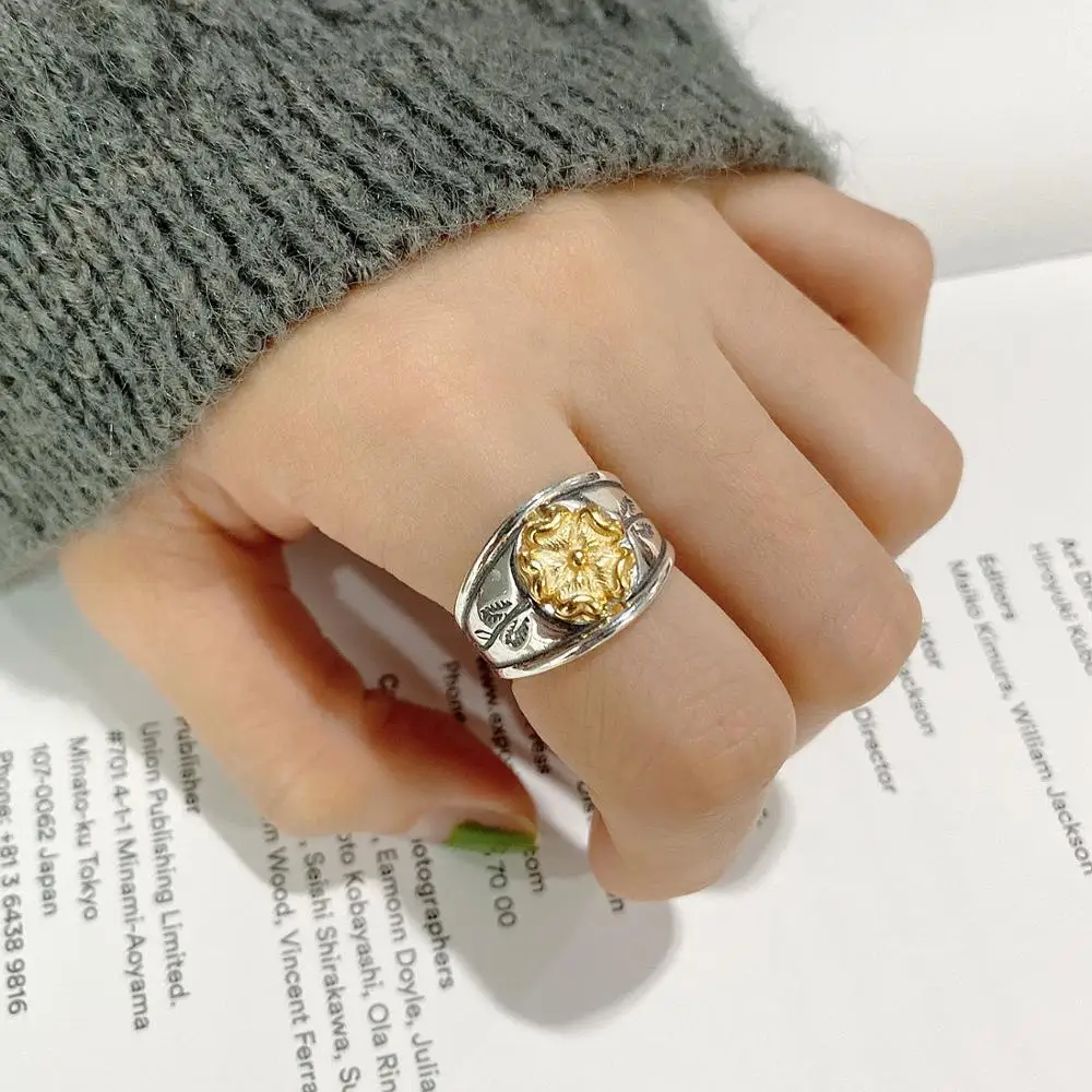 

TWO-TONE Authentic S925 Sterling Silver Jewelry Retro Flower Band Wider Rings Golden Flower &Leaf thumb adjust TLJ1063