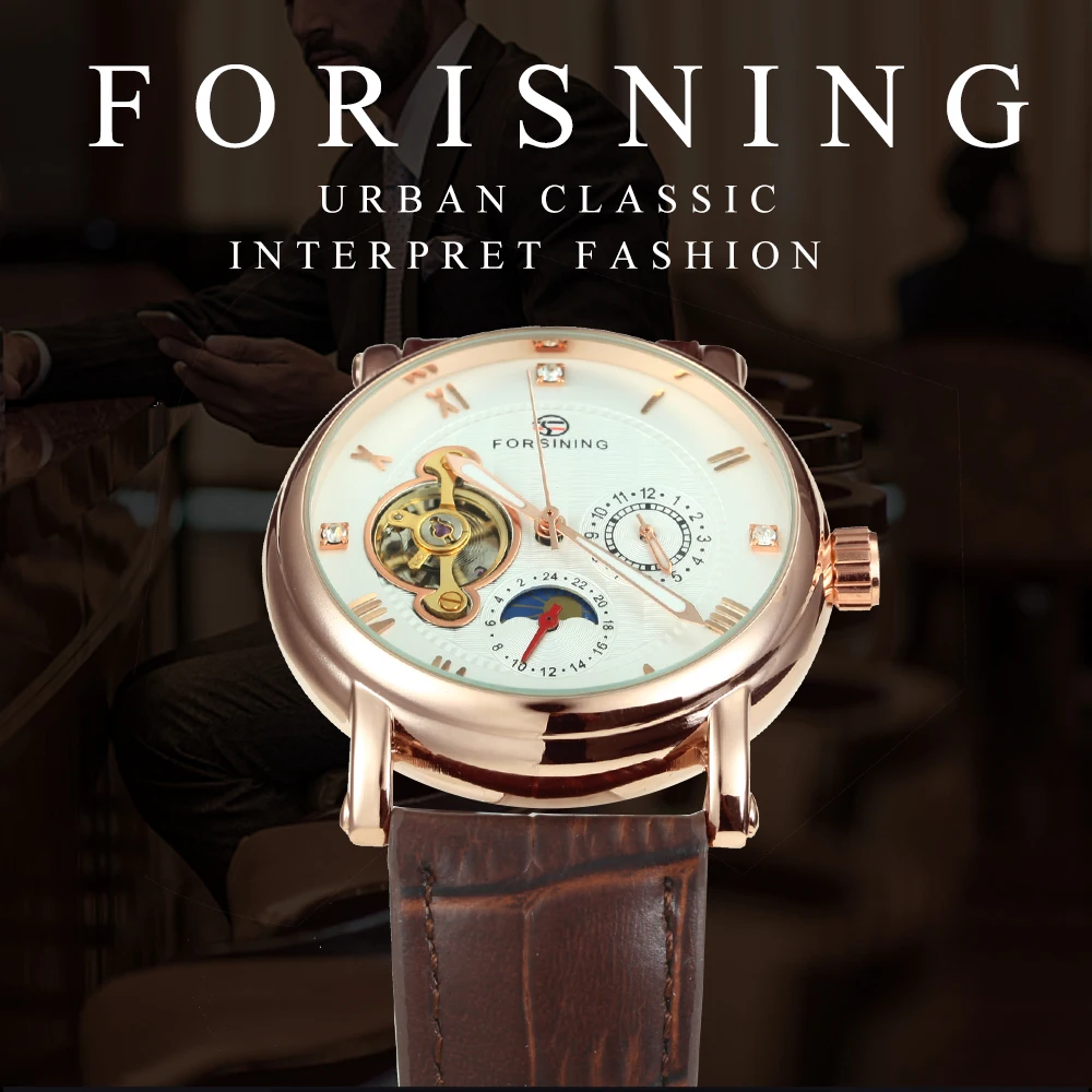 FORSINING мужские часы Топ бренд класса люкс Авто Механический коричневый ремешок из