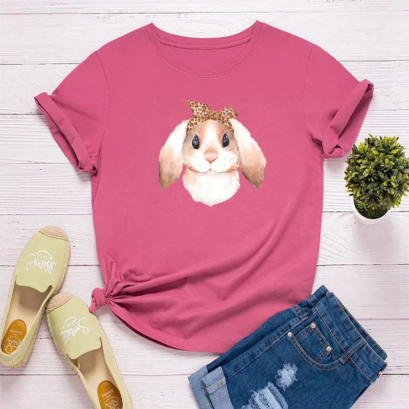

2021 Summer High Quality New Casual Cute Rabbit Round Neck Short Sleeve Ladies Pure Cotton T-Shirt Top