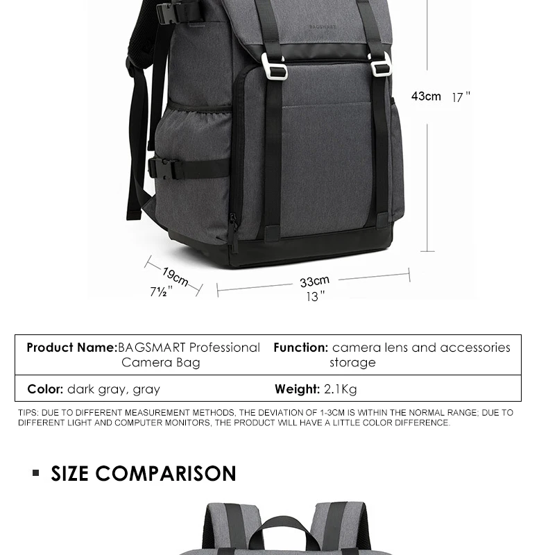 Рюкзак для путешествий для камеры BAGSMART, сумка для фотосъемки SLR/DSLR камеры s& 1" ноутбука с водонепроницаемым дождевиком и держателем штатива