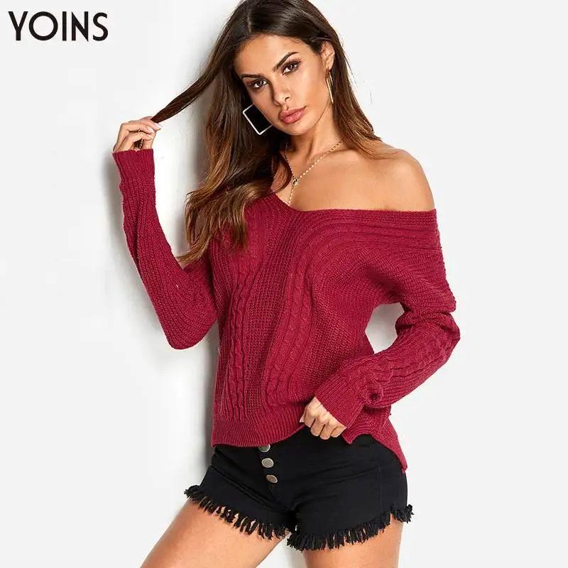 YOINS 2019 весна осень зима женские свитера джемпер перекрестный v-образный вырез