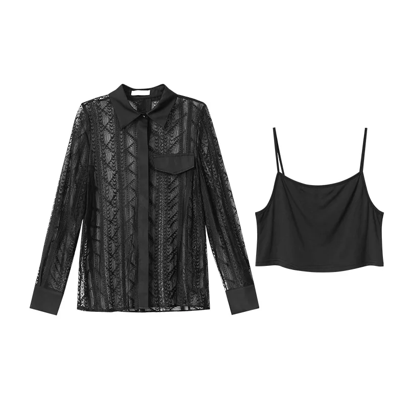 

Mozision Hollow Out Lace Shirt Sling Tops Women 2021 Spring New Lapel Single Breasted Shirts Ladies Casual Elegant Print Blouse