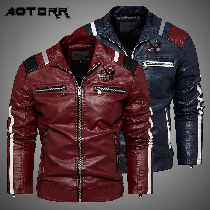 

Motorcycle Leather Jackets Mens Retro Fleece Outwear Winter Vintage Faux leather Coat Men 2021 Autumn Patchwork Bomber Jacket