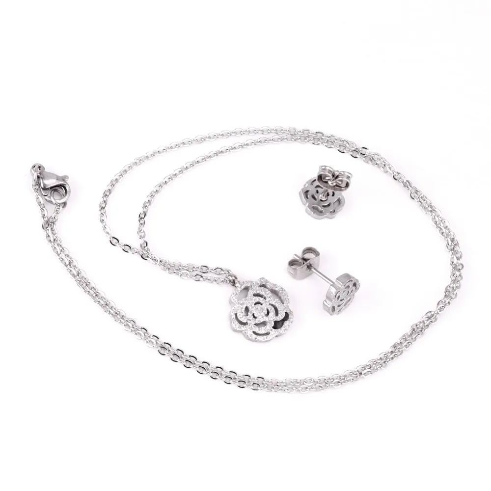 ASONSTEEL Bridal Jewelry Sets Stainless Steel Gold/Silver Color Romantic Flower Shape Pendants Charm Chain Necklace Earring Sets