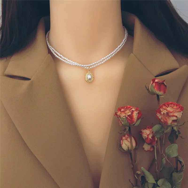 

Necklaces Pendants Women Vintage Double Layer Imitation Pearls Pendant Necklace Clavicle Chain Choker Fine Jewelry