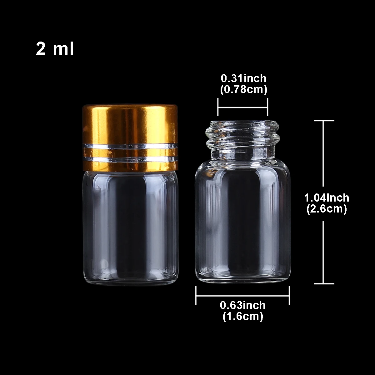 Оптовая продажа 100 штук 2 мл 16*26 мм стеклянные бутылки с золотистыми колпачки Мини