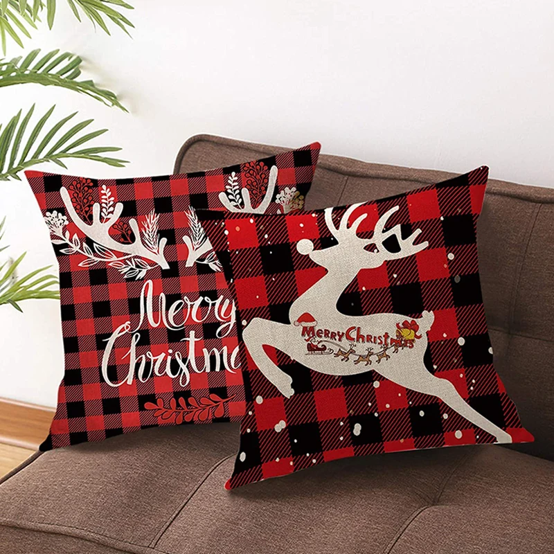 

Red Grid Christmas Sofa Pillowcase Cotton Linen Scotland Cushion Covers Decorative Christmas Pillow Cases Cover Home Decor