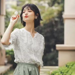 Блузка женская из чистого хлопка, с отложным воротником и цветочным принтом