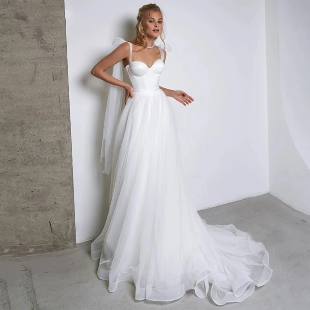 

Simple Weddding Dresses 2021 Princess Sweetheart Sleeveless Backless Sweep Train A Line Tulle Beach Bridal Gowns Custom Made