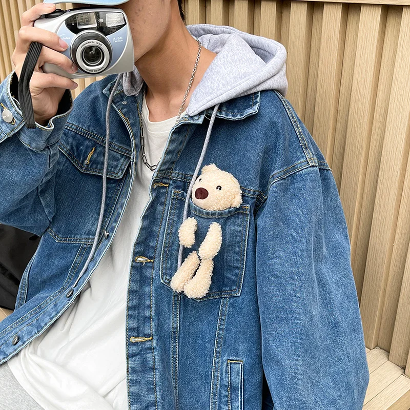 

Aolamegs Denim Jackets Men Oversized Detachable Hoodies Varsity Jacket Homme Harajuku Streetwear Cartoon Bear Doll Pocket Parkas