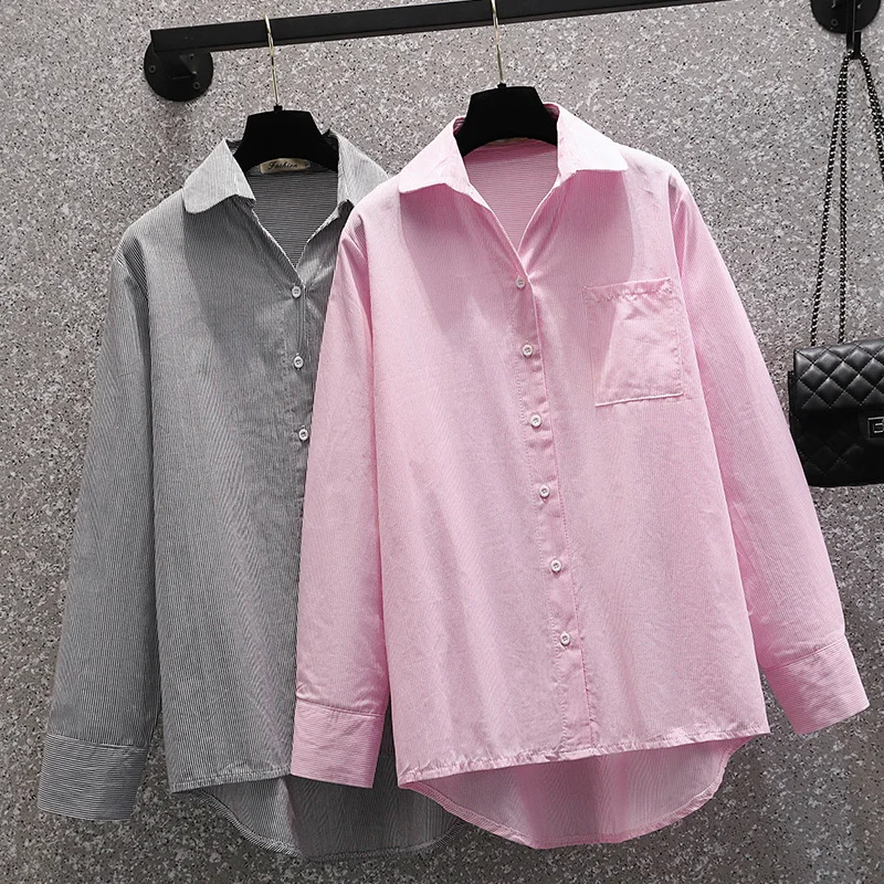 

Nkandby Plus Size Striped Shirts 2021 Korean Autumn Women's Casual Long Sleeve Blouses Oversize Loose Tops 100kg Female