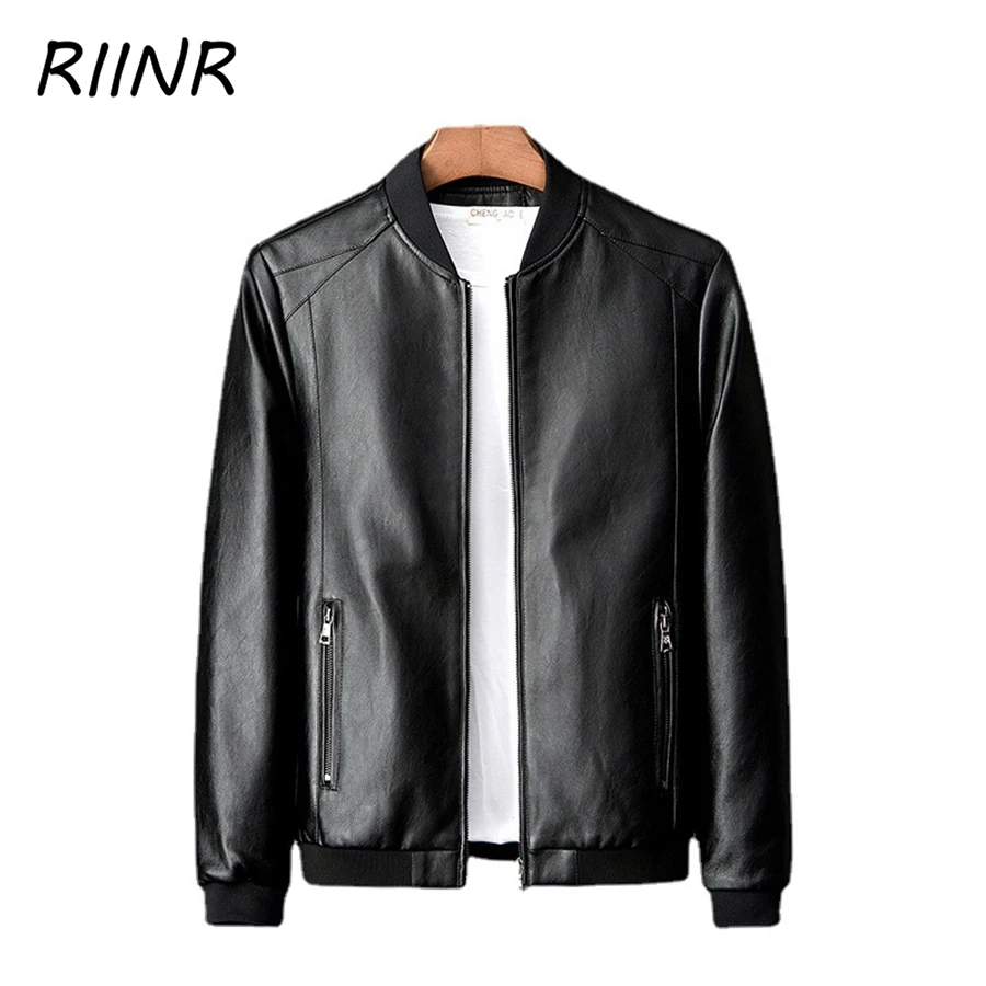 

RIINR New Leather Jacket Spring Autumn Men Jacket Middle-aged Dad Baseball Uniform Trend Leather Casual Men Solid Color Jacket