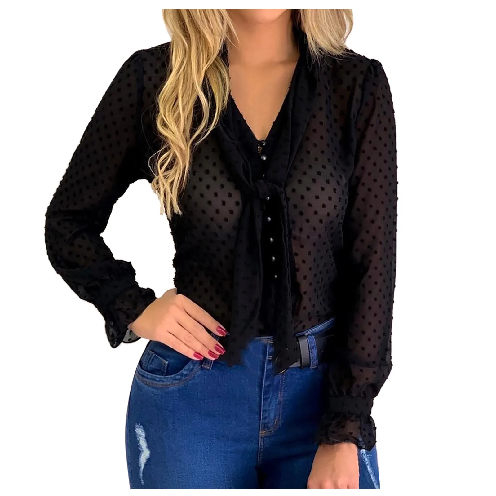 

Womens Tops And Blouses Women's Fashion Blouse Plus Size Button Tie Blouse V-neck Long Sleeve Top Blusas Mujer De Moda 2021