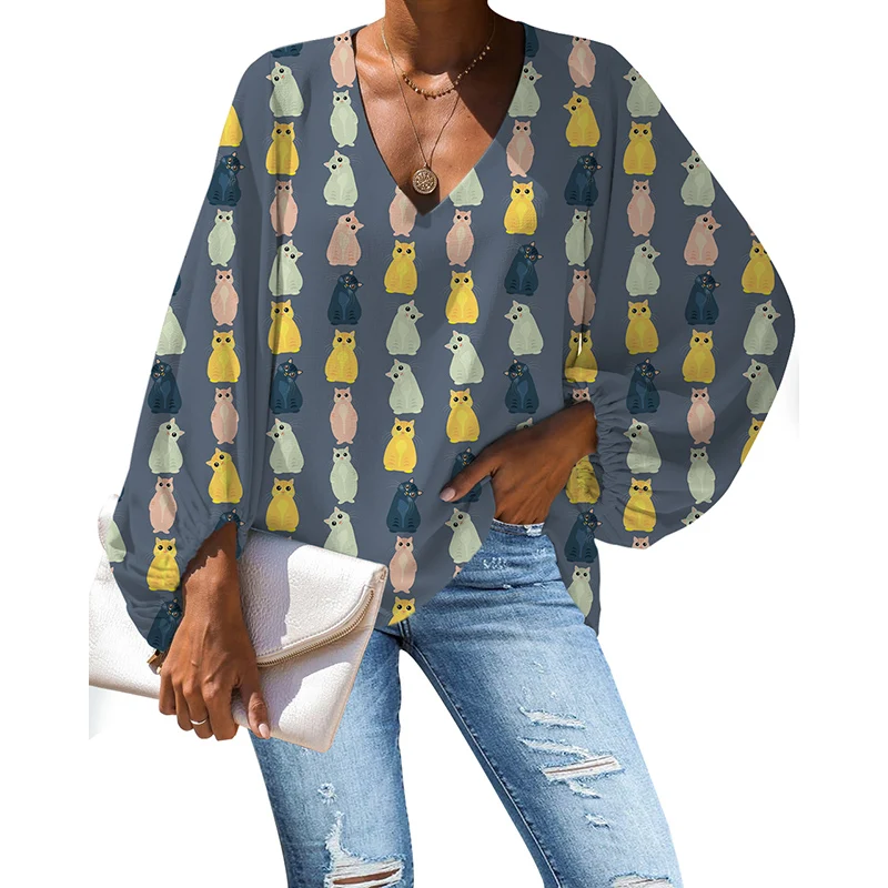 NOISYDESIGNS Women Summer Long-sleeve Blouses V-neck Sexy Cats Animals Printing Ladies Tops Plus Size Loose Shirts Mujer Ropa | Женская