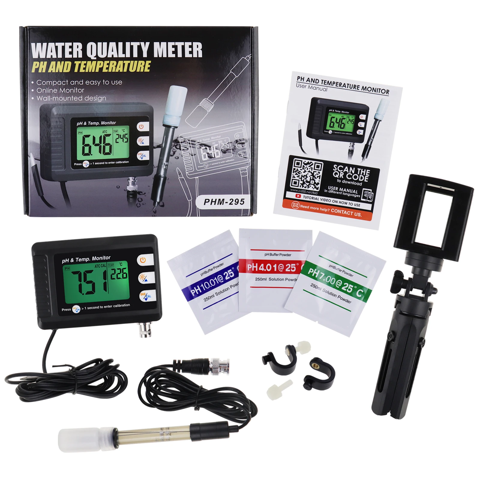 

2 in 1 PH & Temperature Continuous Monitor PH Meter Thermometer w/ Backlight Dual Display For Fish Tank(OEM Packaging Available)