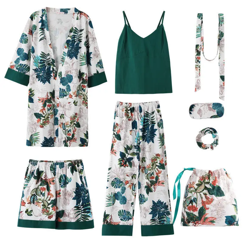 Женская Хлопковая пижама 7 штук кружевная Пижама для сна шелковая ночная