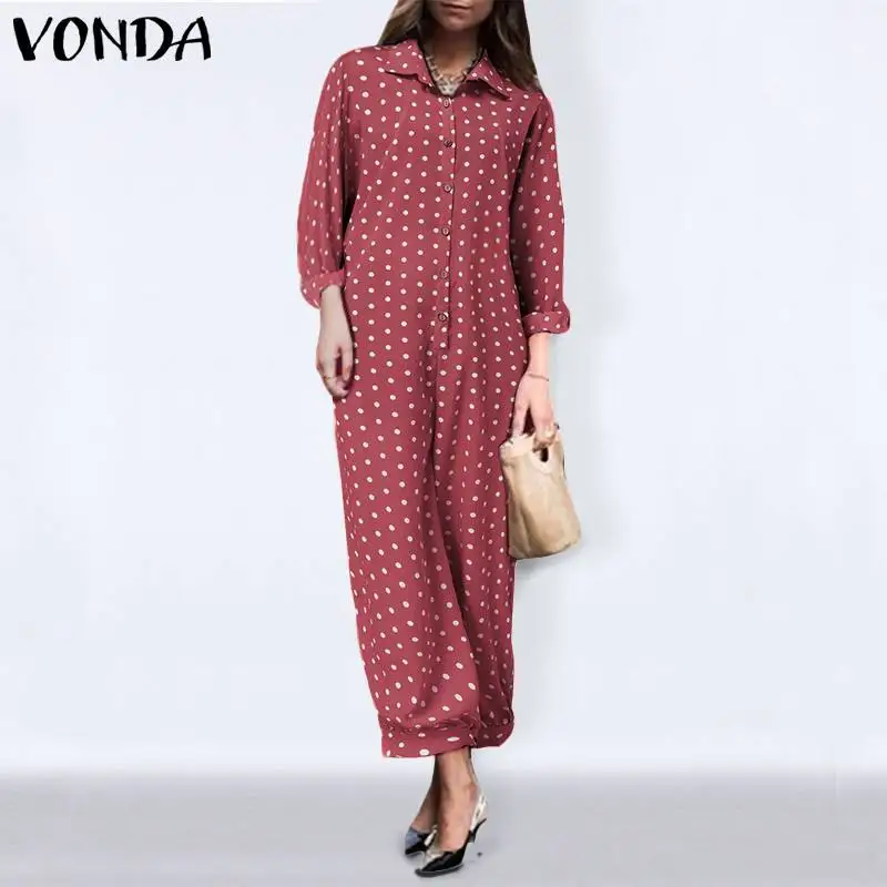 

Women Autumn Long Jumpsuits 2022 VONDA Vintage Polka Dot Print Playsuits Casual Long Sleeve Lapel Button Up Jumpsuits Pantalon