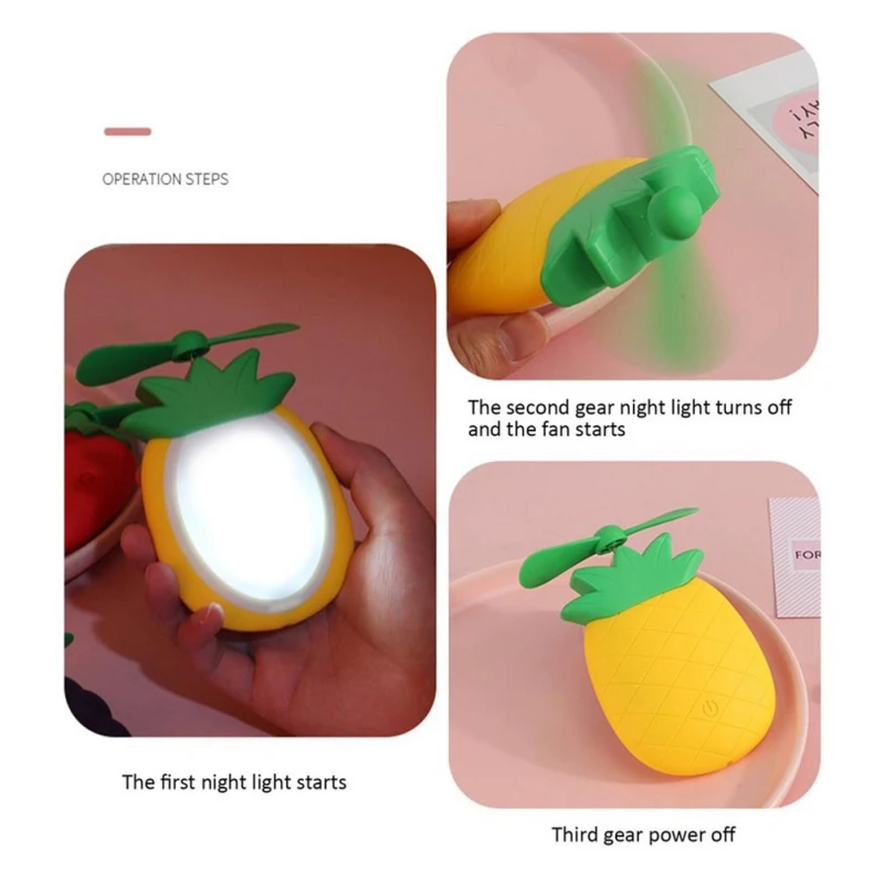 

Cartoon Fruit Mini USB Fan Portable Hand Held Desk Air Cooler Silent Travel Cooling Fan LED Night Light Summer Home Outdoor Use