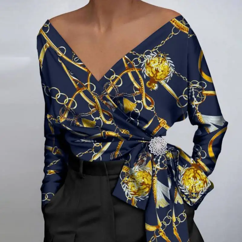 

Осенние Топы с поясом VONDA, женские винтажные Блузы 2021 с принтом, женские блузы большого размера с длинным рукавом и глубоким V-образным вырез...