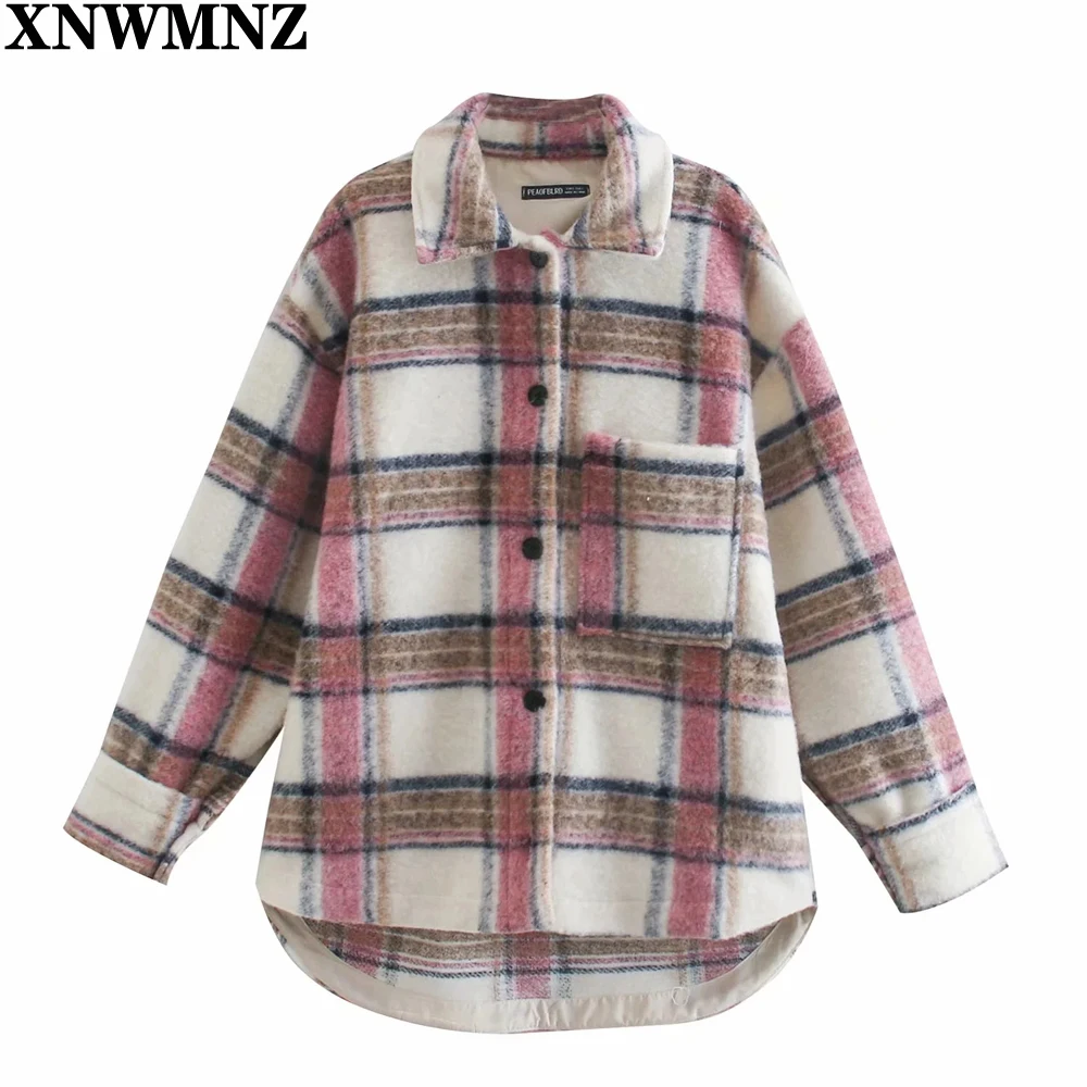

XNWMNZ 2021 za Women Fashion oversize check overshirt Casual loose Woolen Jacket Coat Female Long Sleeve Outerwear Chic Overcoat
