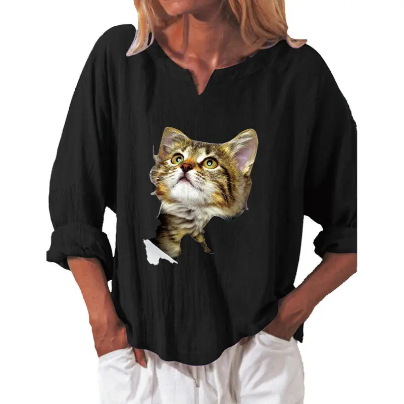 

Womens Cat Printed Long Sleeve T-Shirt V-neck Casual Loose Blouse Tee Shirt Tops