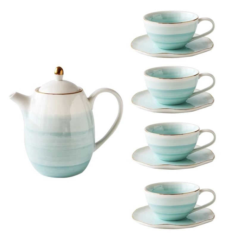 blue pot 4 cup Розовая мраморная керамика молоко кофе кружка, кружка для чая с восьмиугольная форма блюдце позолоченная полка чайная кружка, сосуды для питья набор подарки другу - Цвет: blue pot 4 cup
