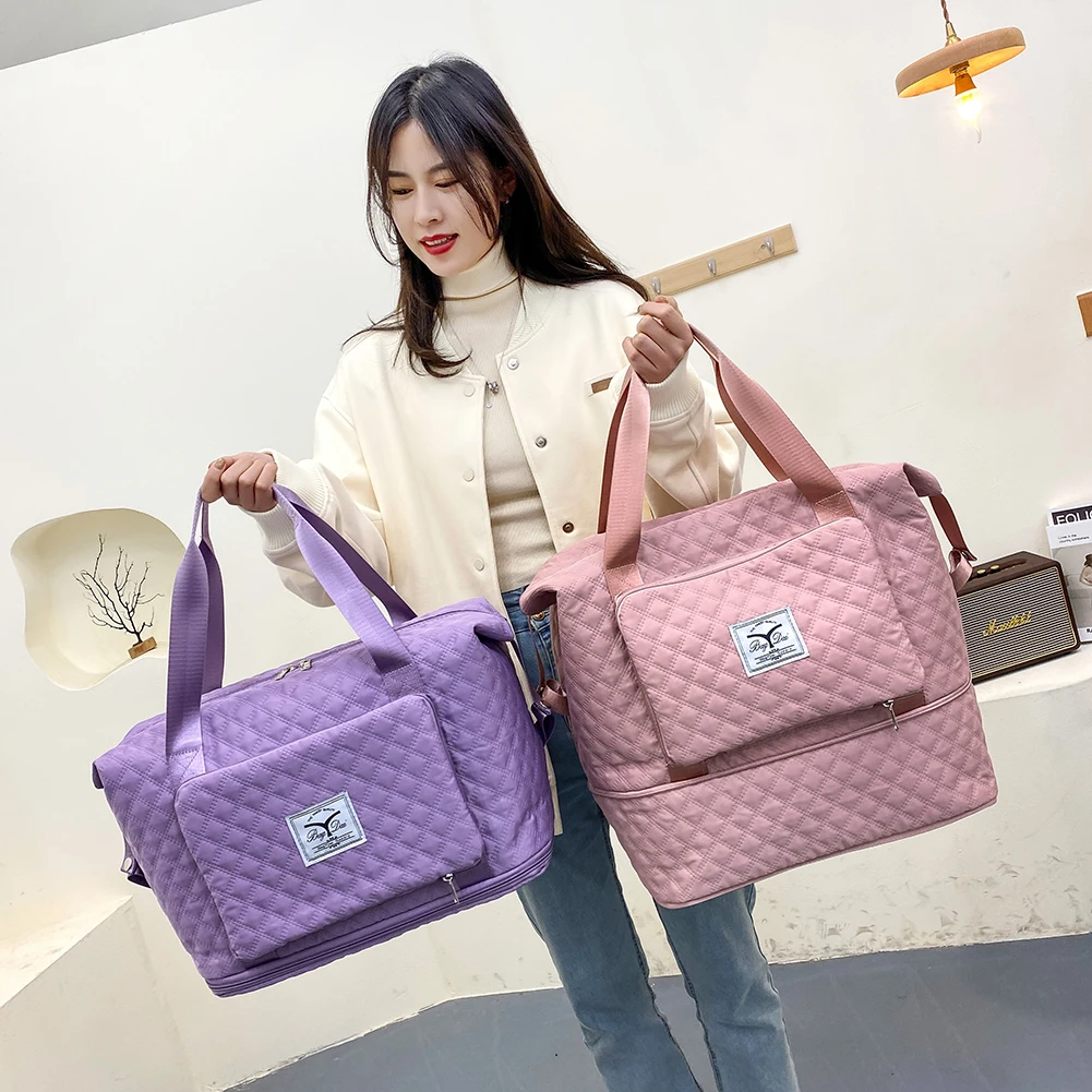 

Women's Travel Bag Oxford Cloth Diamond Lattice Shoulder Bag Large Capacity Folding Trip Waterproof Sports Bag Designer Handbags