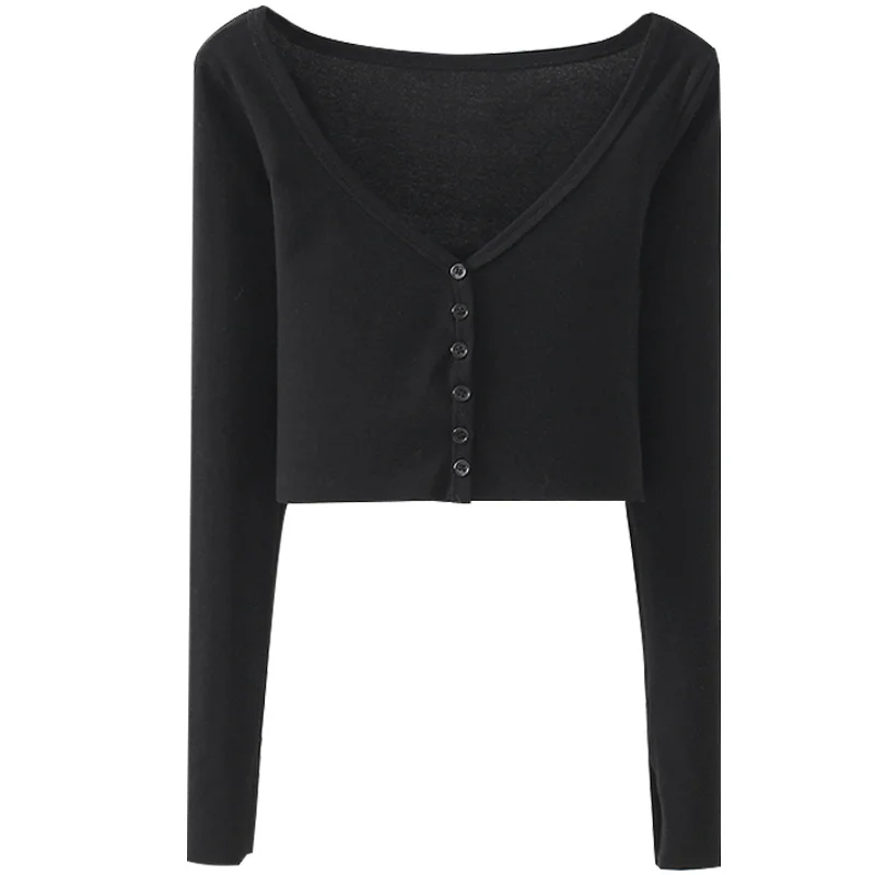 

TVVOVVIN Korean Fashion Slim Short V-neck Shirts For Women Autumn Simple Solid Color Split Cuff Long Sleeve Blouse 2GMW