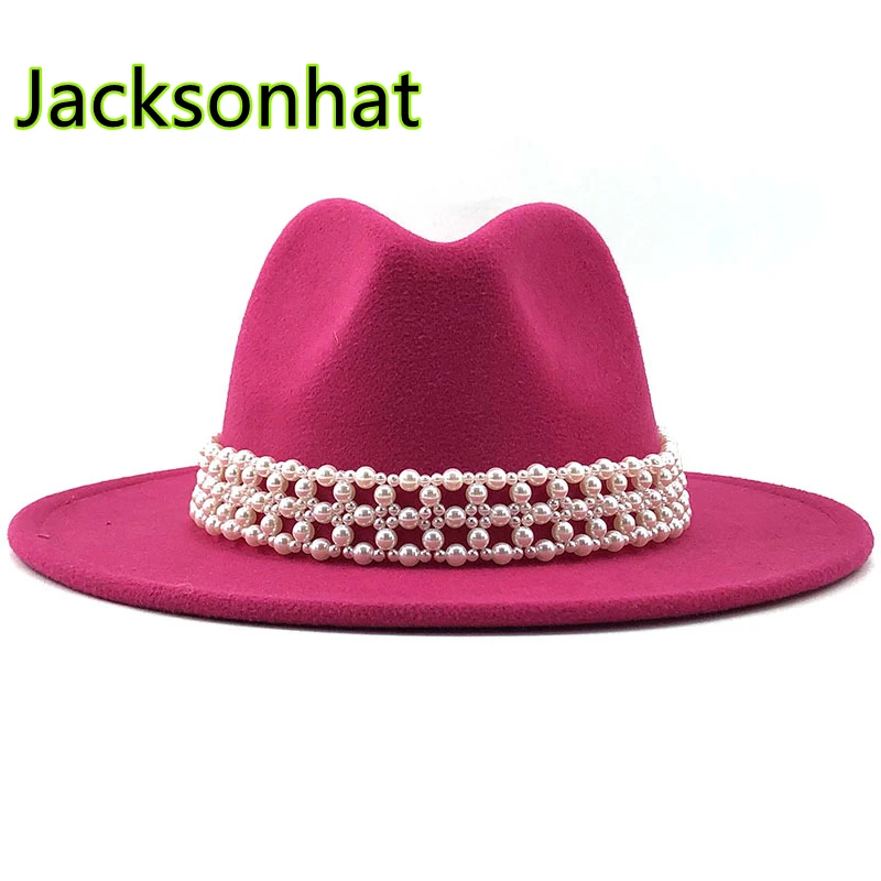 High quality fedora women elegant pearl jazz top hat autumn and winter ladies wide brim panama warm wholesale | Аксессуары для