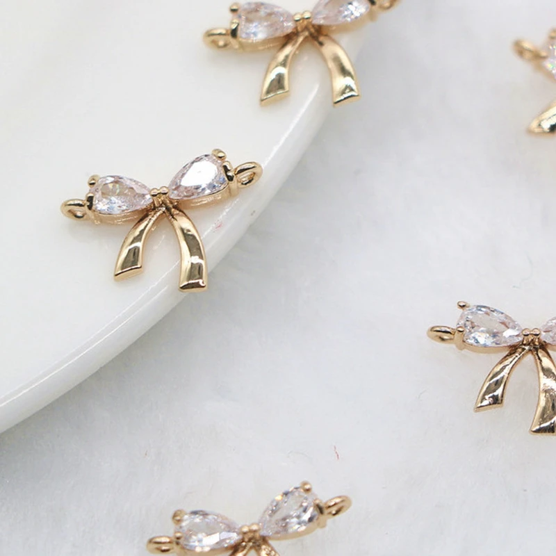 

2021 New True Gold Plated Copper Zircon 10x15MM Bowknot Necklace Pendants DIY Earring Charms Jewelry Making Accessory