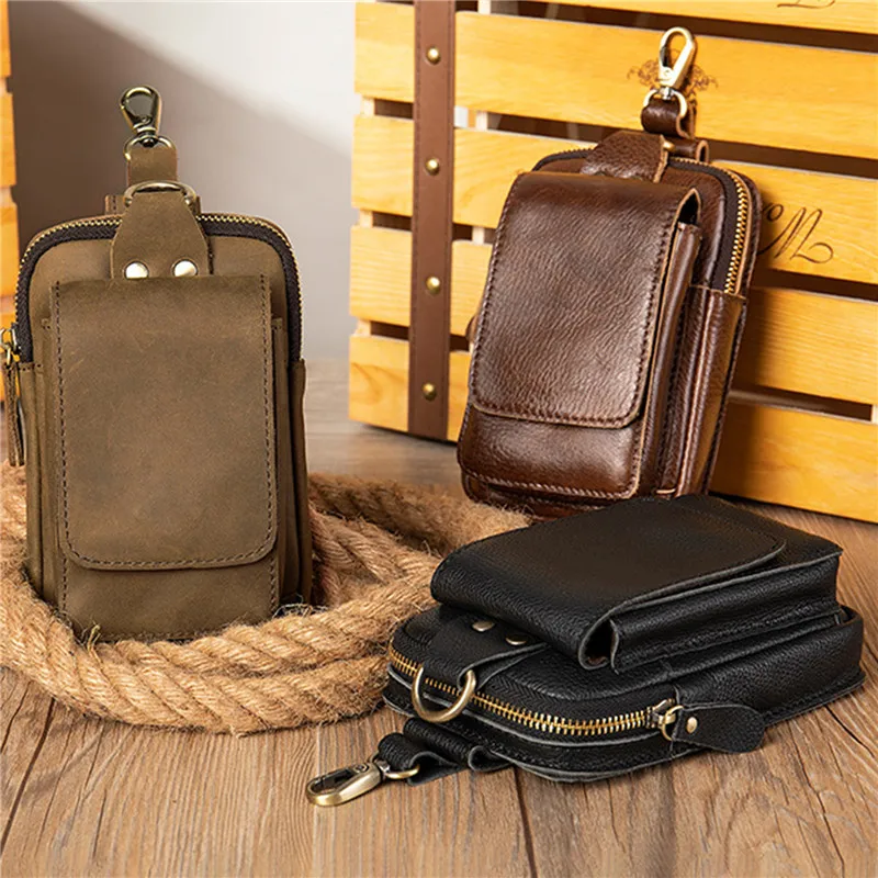 

Waist Packs For Men PU Leather Retro Small Fanny Pack Belt Phone Bag Male Fashion Hook Loops Bum Bag For Man Classic Package