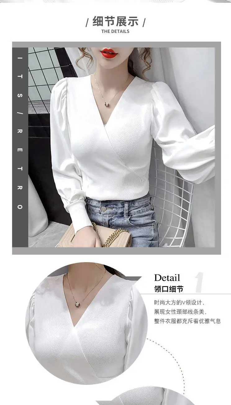 

2021 spring women's new v-neck chiffon bubble sleeve stitching T-shirt sweater