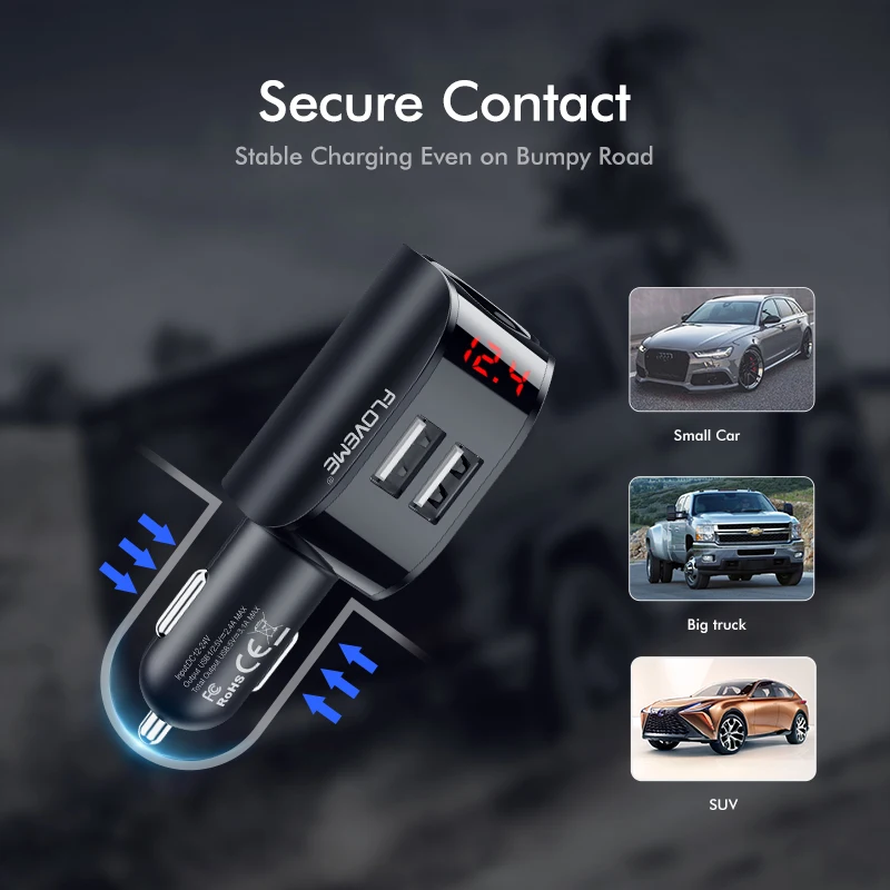 Автомобильное зарядное устройство Floveme с двумя USB портами и цифровым