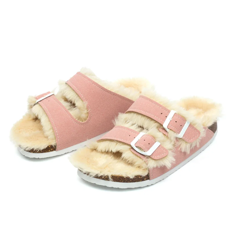 

Big Size 35-45 Winter Men Women Plush Warm Outdoor Cork Slippers Classic Nubuck Leather Double Buckle Unisex Indoor Home Slides