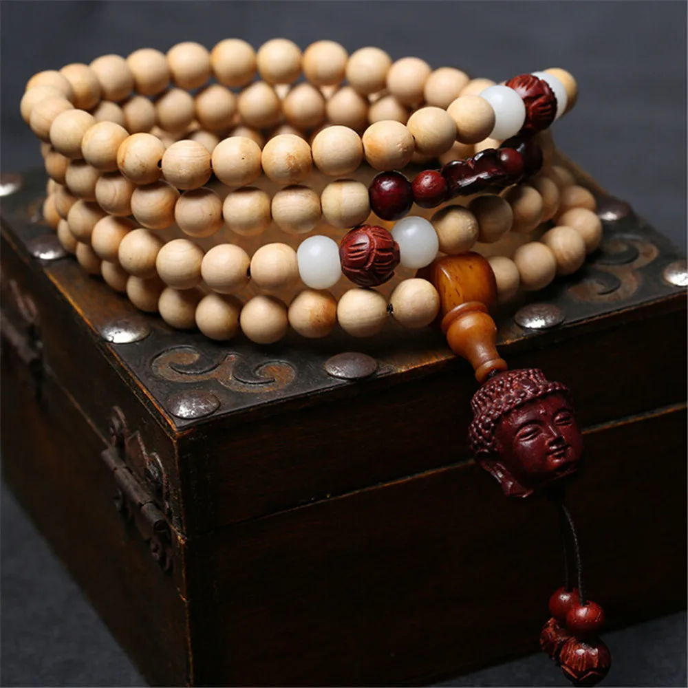 

Natural Taihang Mountains Cypress 108 Beads Mala Bracelet Lobular Sandalwood Carved Lotus Buddha Head Pendant Prayer Bracelets