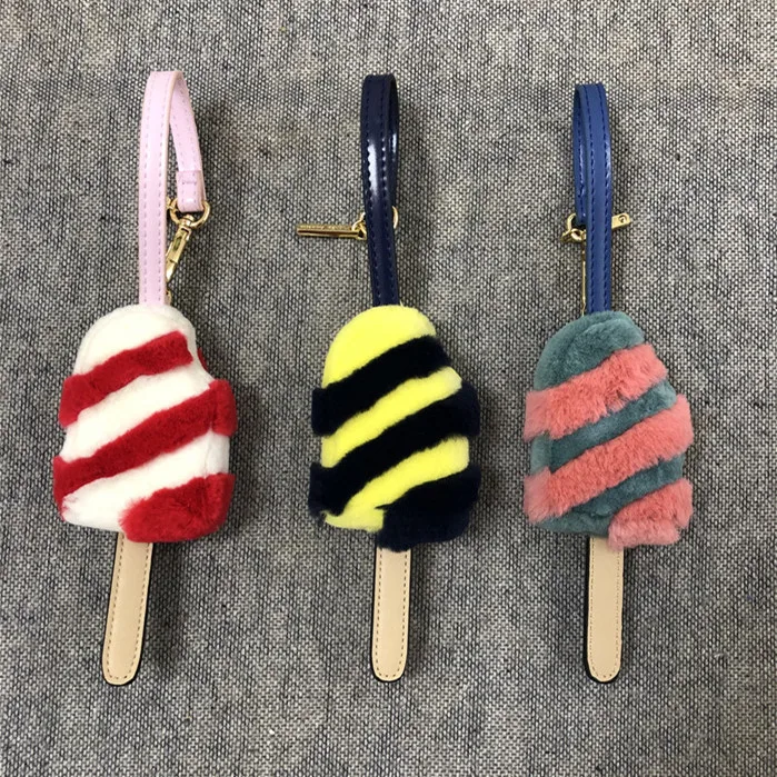 

Real rabbit fur key chain cute striped ice cream handbag pendant multicolor bag ornament pom pom car key chain