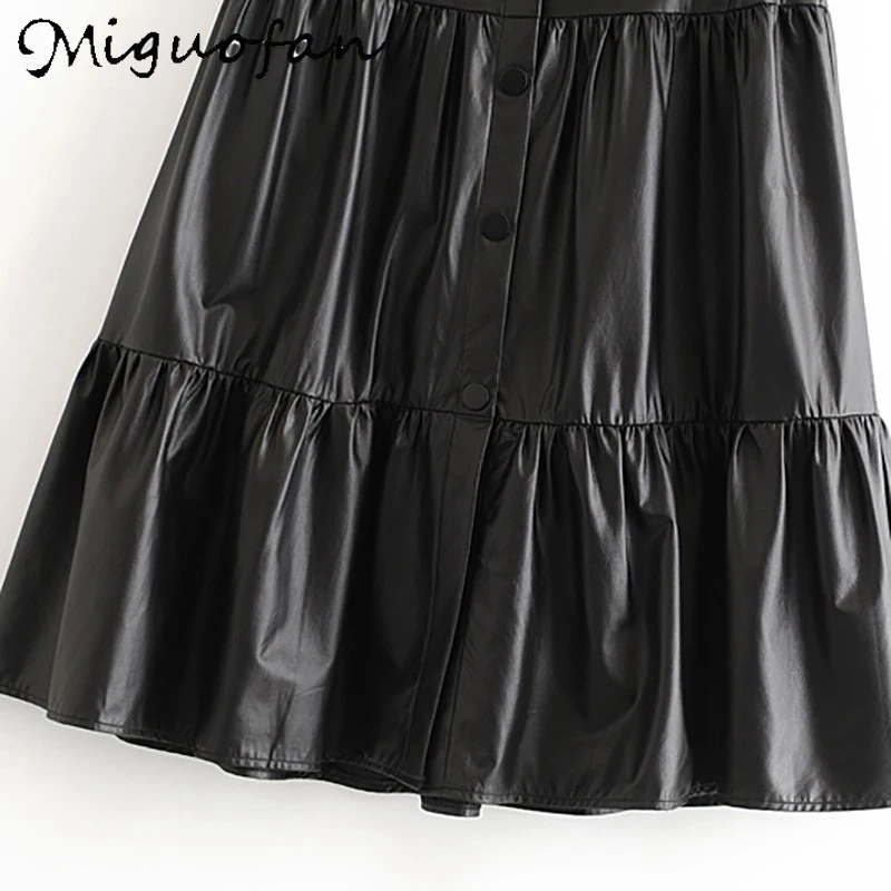 

Miguofan PU Leather Skirts Women Buttons Autumn Streetwear Elegant Ladies Chic Long A-line Skirt Female 2020 Winter New Fashion