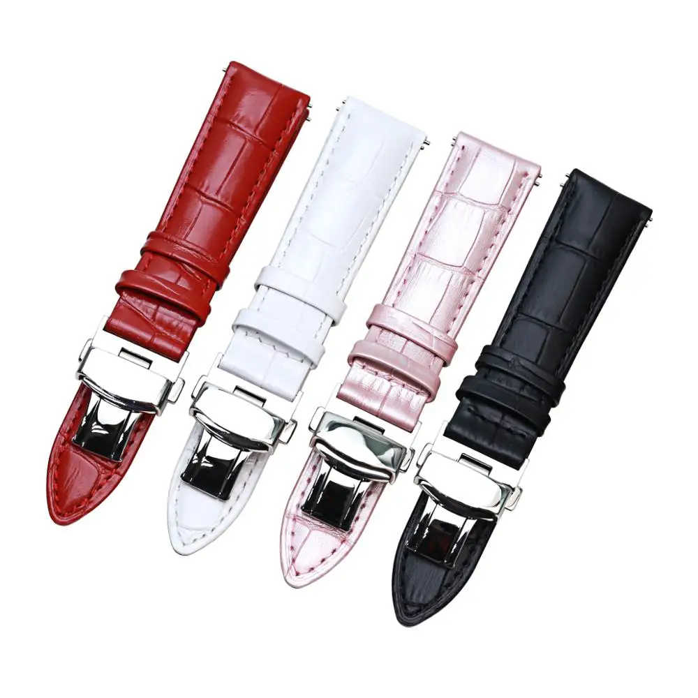 PESNO 12-22mm Bright High Quality Red White Black Pearl Pink Calf Skin Leather Watch Straps Women Geuniue Bands | Наручные часы