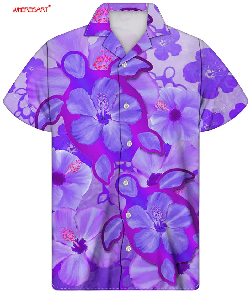 

WHEREISTAR Purple Hibiscus Turtle Print Men Beach Shirt V Neck Casual Streetwear Holiday Vacation Clothing for Mans Summer